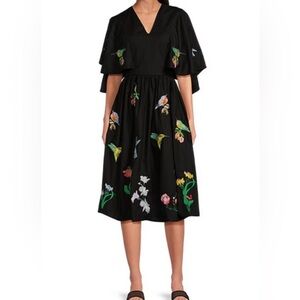 Fanm Mon Swazo V-Neck Cotton Bird Floral Embroidered Midi Dress size Small